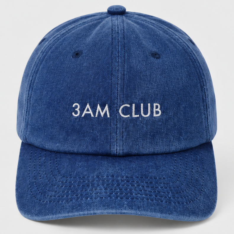 blue washed cotton relaxed fit cap with 3am club slogan